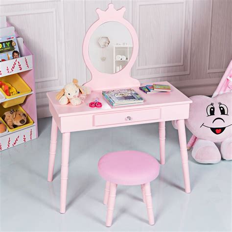 Gymax Kids Vanity Makeup Table & Chair Set Make Up Stool Play Set for ...