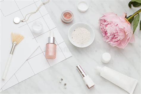 Beauty Flat Lay with Cosmetic Bottles and Flower. Stock Photo - Image ...