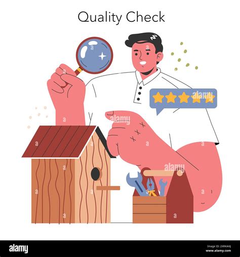 Woodworking DIY concept. A craftsman evaluates a handmade birdhouse ...