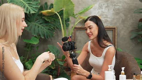 Two beautiful content creator making natural beauty and cosmetic ...