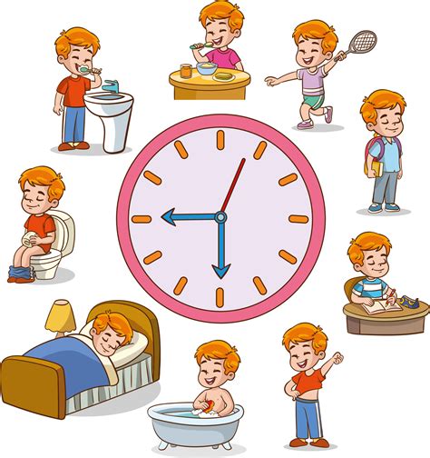 Daily routine with simple clocks.Vector set with kid. Funny cartoon ...