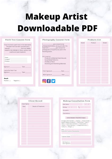 Makeup Artist Forms, Client Record, Client Consultation, Product List ...