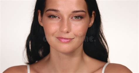 Confident Woman with Flawless Makeup Smiling in Studio Close-Up Stock ...