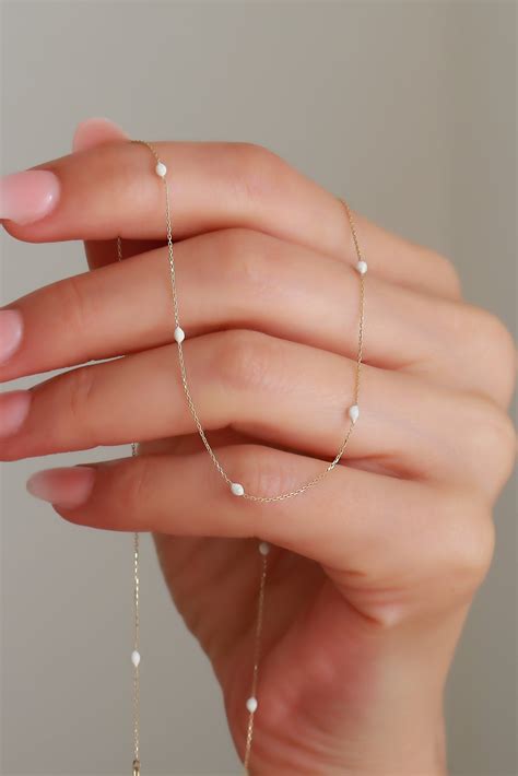 14K Solid Gold White Beaded Necklace / Dainty Minimalist - Etsy