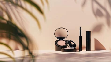 Sophisticated makeup set in an elegant display with soft shadows and ...