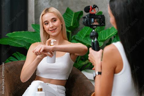 Two beautiful content creator making natural beauty and cosmetic ...