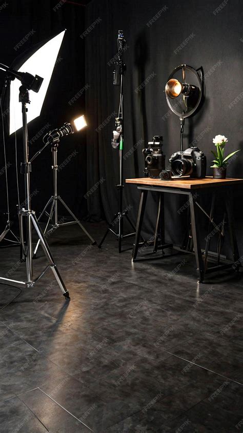 Professional studio photography setup with lighting equipment with ...