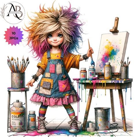 Quirky Girl Artist Clipart 10JPG Whimsical Artist Cute Girls Watercolor ...