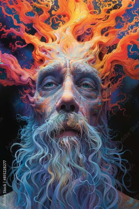 A painting of a man with long hair and beard has fire coming out his ...