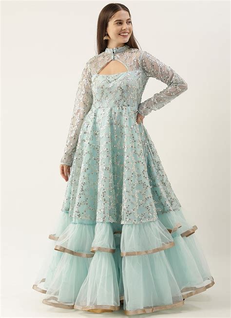 Shop Blue Embroidered Layered Style Bridal Gown Wedding Wear Online at ...