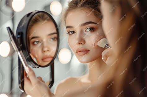 Premium Photo | Young woman applying makeup in front of the mirror
