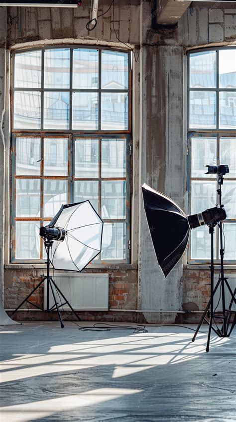 Professional Photography Studio Setup with Lighting Equipment and Large ...
