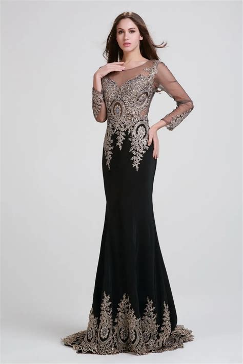 Black Mermaid Evening Dresses Elegant Long Sleeve Evening Gowns O Neck ...