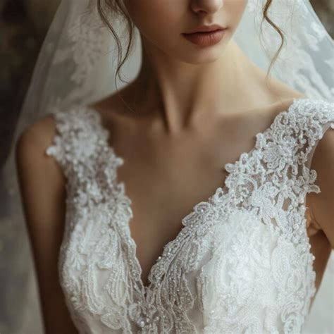 Visual of a bridal gown with a focus on the intricate lace or beaded ...