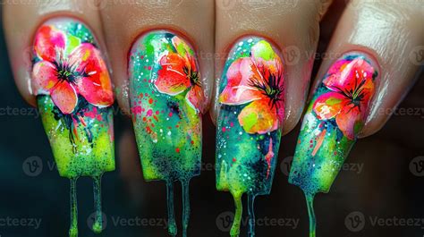 Intricate nail art featuring bright floral designs is displayed on long ...