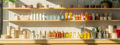 Bright and Colorful Display of Beauty Products on Wooden Shelves Stock ...