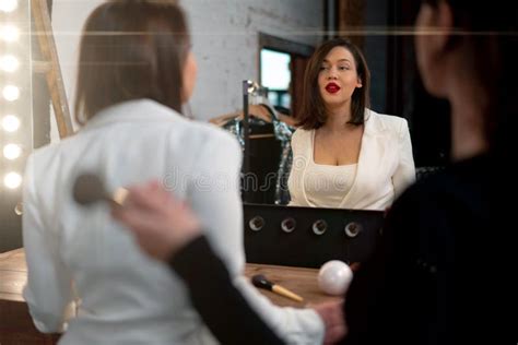 Attractive Beautiful Woman Singer Looking at Her Reflection in Big ...
