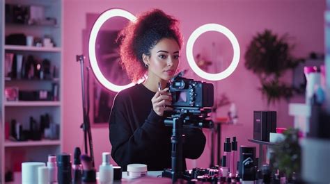 A beauty influencer recording a makeup tutorial with a camera and ring ...