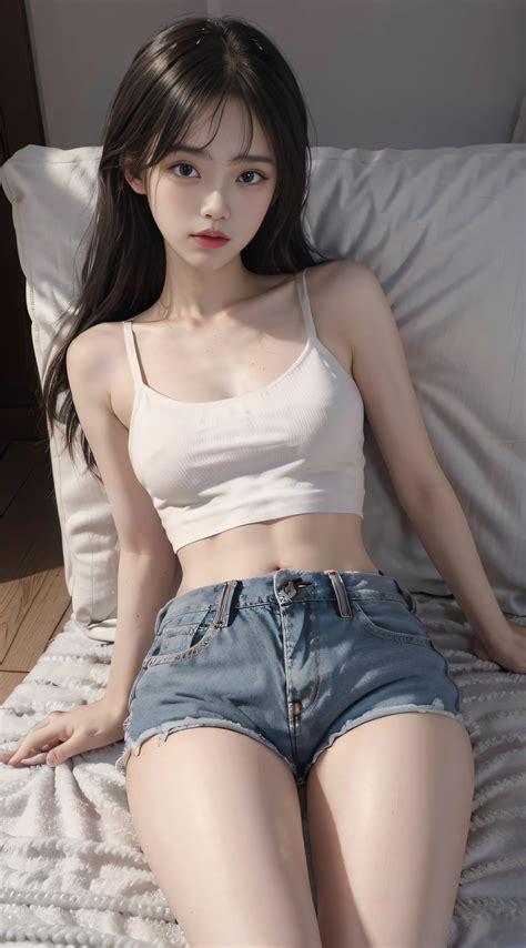 Girl in white bra and tight denim skirt posing for photo, full body ...