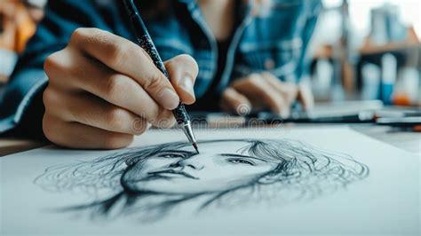 Close Up of an Artist S Hand Sketching a Detailed Portrait, Showcasing ...