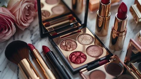 Luxurious Makeup Collection Displayed on Elegant Marble Surface Stock ...