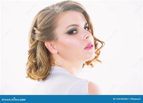Woman Confident Face with Makeup on White Background. Elegant Makeup ...