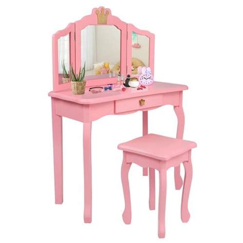 JOYMOR Kids' Vanity Table and Stool Makeup Dressing Set w/ Mirrors ...