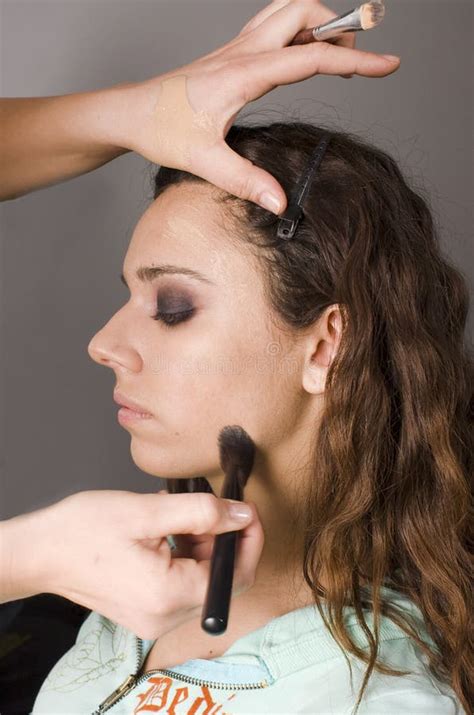 Makeup Artist Applying Base Foundation To Model Stock Image - Image of ...