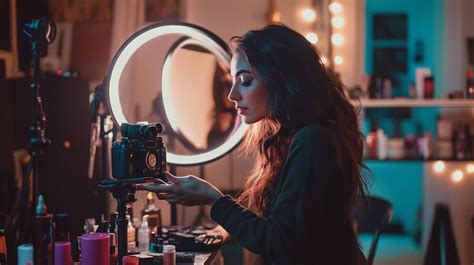 A beauty influencer recording a makeup tutorial with a camera and ring ...