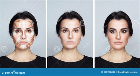 Three Makeup Steps: Contouring, Blending, Full Makeup Stock Image ...