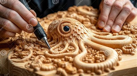 Crafting Intricate Woodwork, Skilled Artisan Carves Detailed Octopus ...