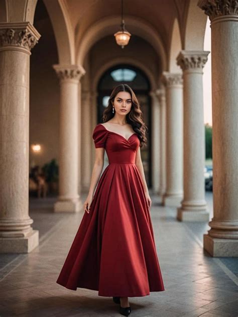 Woman in Red Evening Dress Among Elegant Columns