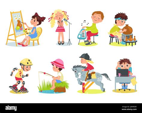 Kids hobbies. Little children characters engaged in various activities ...