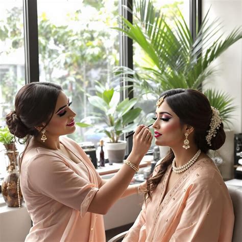 Bride in traditional outfit getting makeup applied by artist | Premium ...